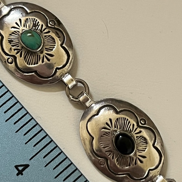 Vintage Sterling Silver Turquoise Coral Onyx Bracelet - Picture 4 of 8